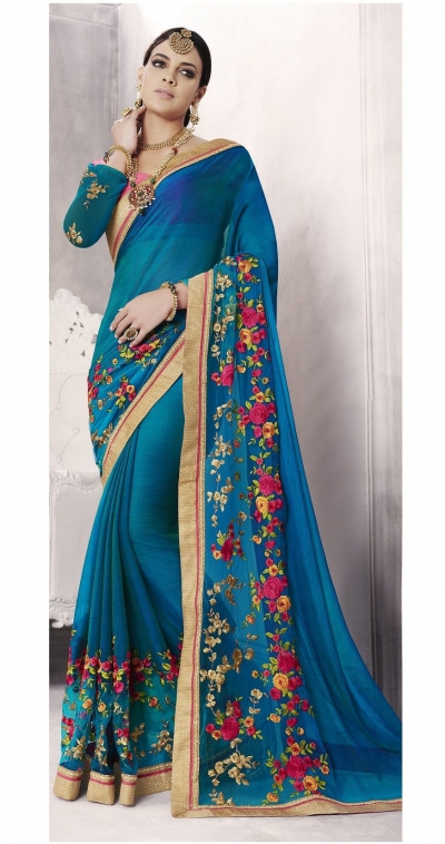 Party-wear-cyan-blue-color-saree