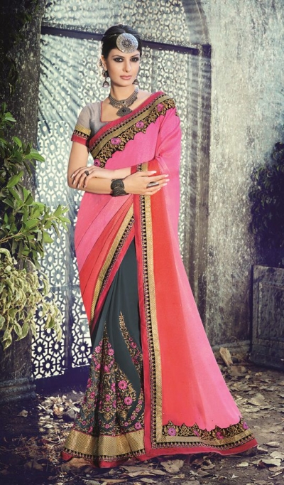 Party-wear-Pink-Charcoal-color-saree