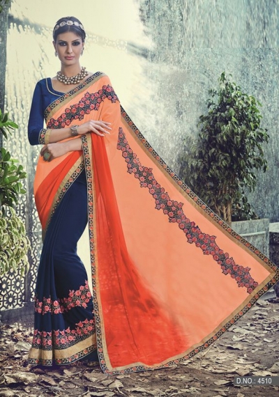 Party-wear-Peach-Blue-color-saree