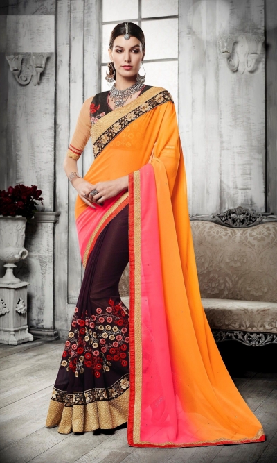 Party-wear-orange-pink-brown-color-saree
