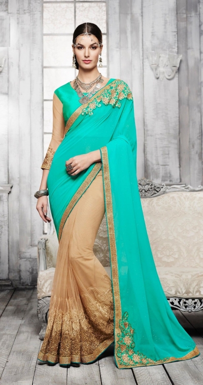 Party-wear-green-beige-color-saree