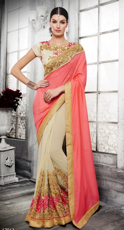 Party-wear-cream-pink-color-saree