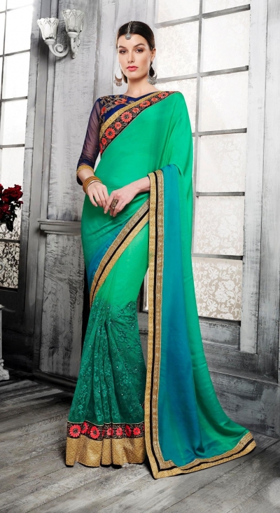 Party-wear-dual-shaded-green-color-saree