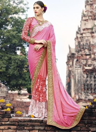 Pink color wedding wear saree