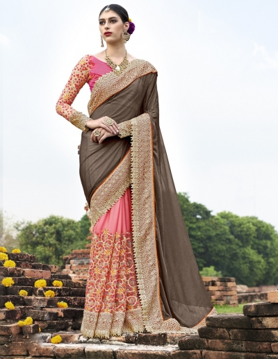 Brown and pink wedding wear saree