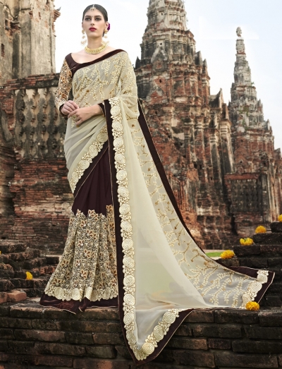 Cream and brown wedding wear saree