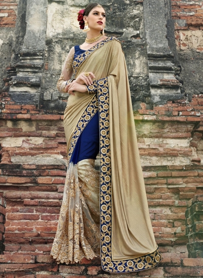 Beige and blue fancy wedding wear saree