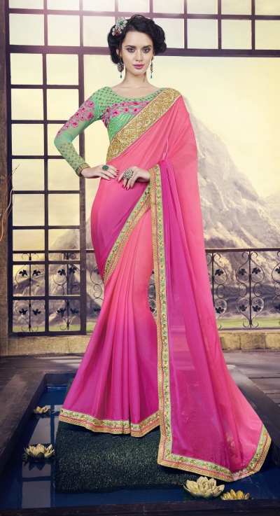 Party-wear-pink-green-color-saree