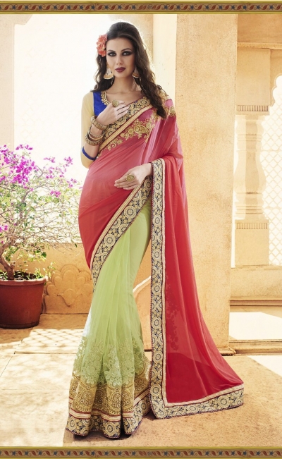 Party-wear-Green-Tomato-Red-color-saree