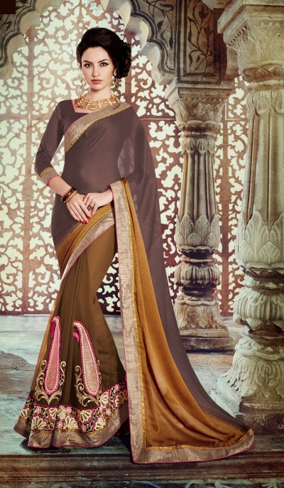 Party-wear-Pine-Green-Brown-color-saree