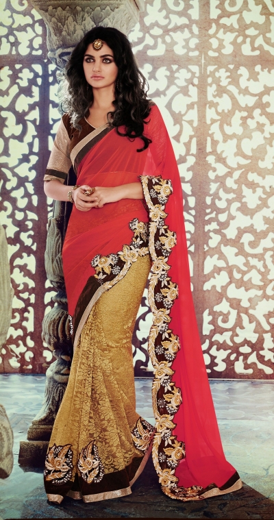 Party-wear-Red-Beige-Brown-color-saree