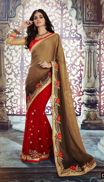 Party-wear-Red-Brown-color-saree