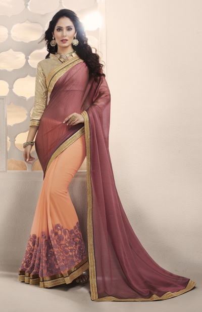 Party-wear-peach-violet-color-saree