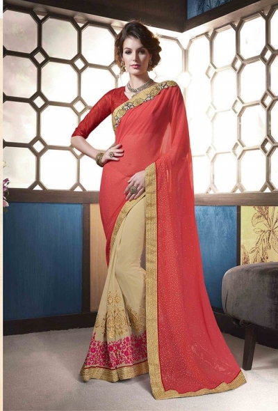 Party-wear-beige-red-color-saree