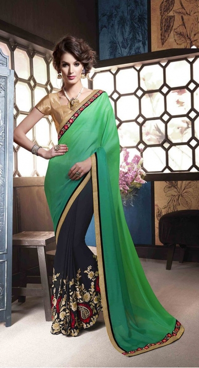 Party-wear-green-dark-blue-color-saree