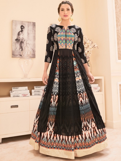 Gauhar khan black color georgette and bangalori silk lehenga kameez