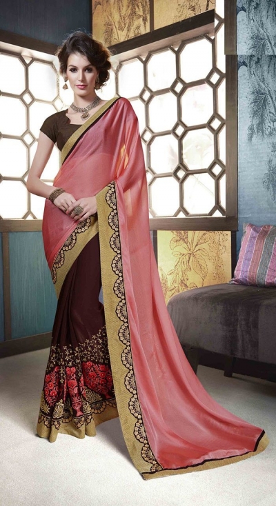 Party-wear-brown-peach-colour-saree