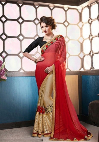 Party-wear-gold-red-black-color-saree