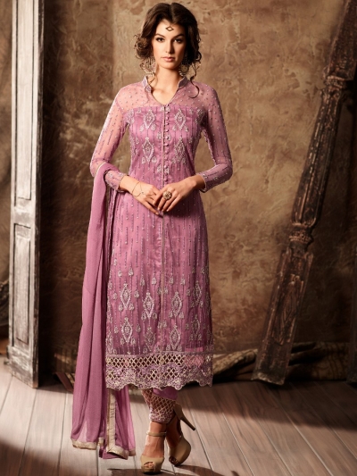 Pink color net straight cut kameez