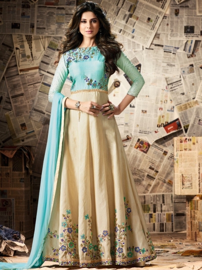 Beige and mint green color bangalori silk anarkali kameez