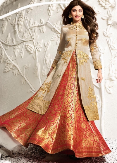 Shilpa shetty  golden beige and red color raw silk lehenga kameez