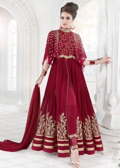 Maroon color georgette wedding wear anarkali