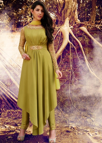 Olive green color georgette straight cut salwar kameez