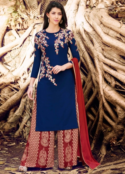 Navy blue color georgette straight cut salwar kameez