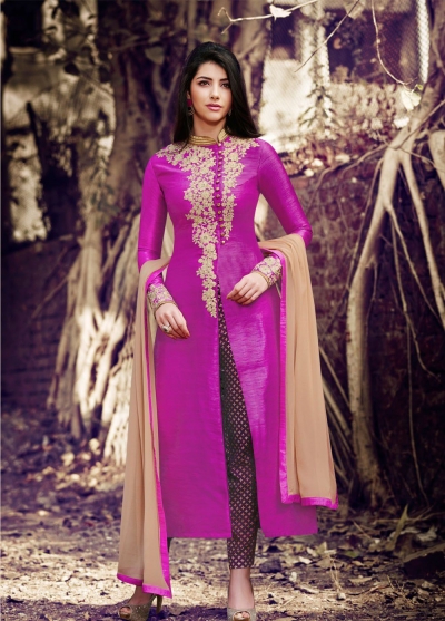 Rani color handloom silk straight cut salwar kameez