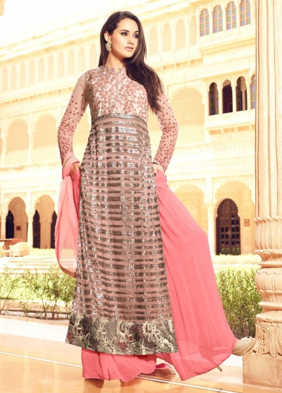 Pink silk net georgette wedding wear palazzo kameez