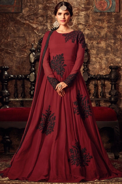 Maroon color georgette party wear anarkali kameez