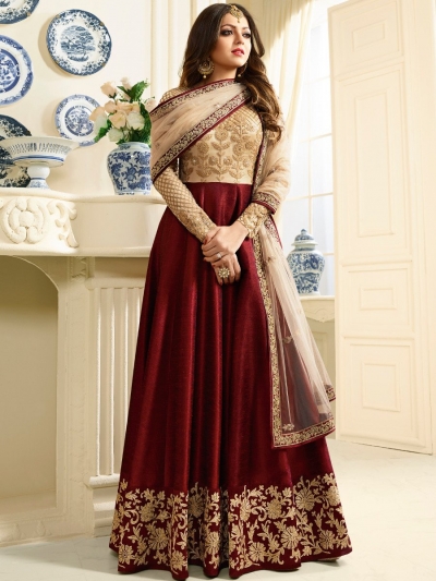 Drashti Dhami maroon color silk party wear anarkali kameez