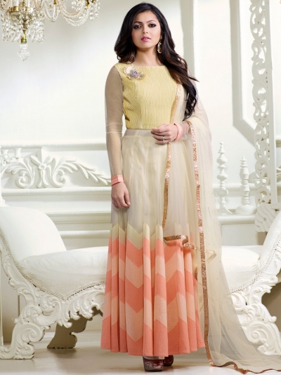 Drashti Dhami peach and lemon color net party wear anarkali kameez