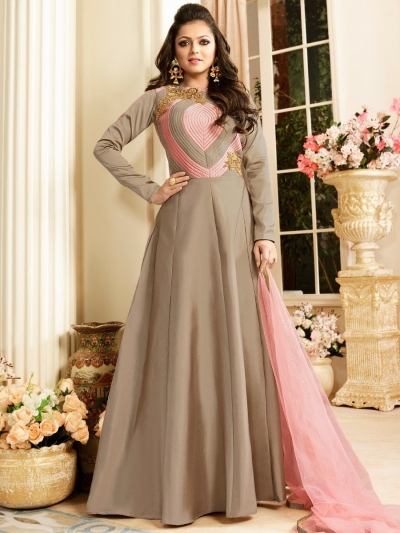 Drashti Dhami beige color tapetta silk party wear anarkali kameez