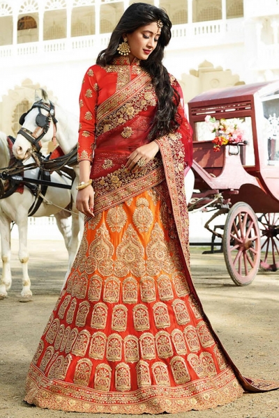 Yellow and red color silk wedding lehenga choli