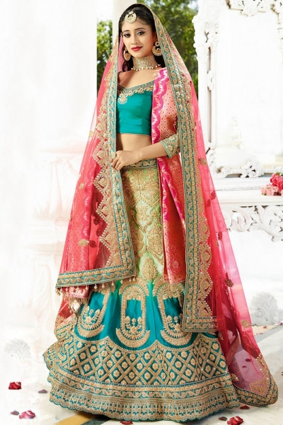 Rama color silk wedding lehenga choli