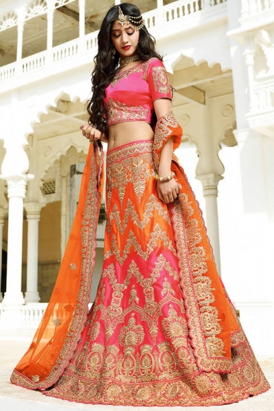 Pink and orange color silk wedding lehenga choli