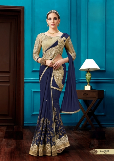 Navy blue net wedding wear saree