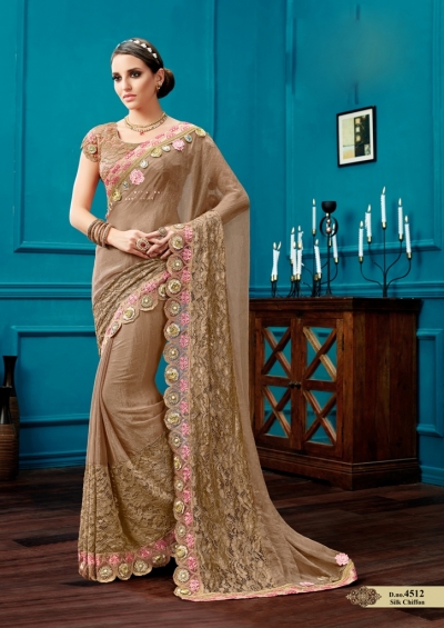 Beige silk chiffon wedding wear saree