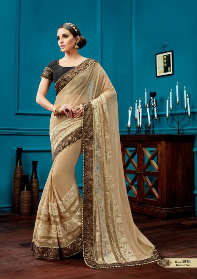 Beige knitted net wedding wear saree