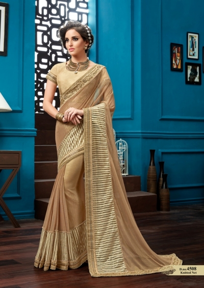 Beige knitted net wedding wear saree