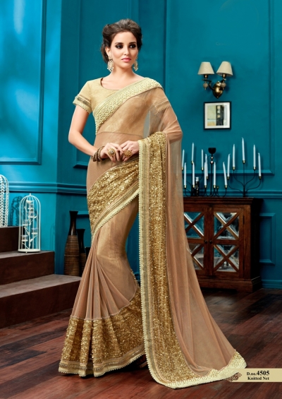 Beige knitted net wedding wear saree