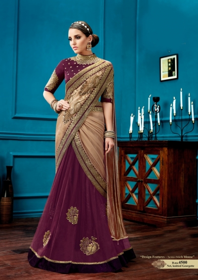 Gold and wine knitted georgette wedding wear saree