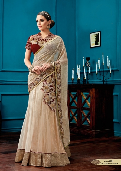 White and maroon color knitted georgette and net wedding lehenga saree
