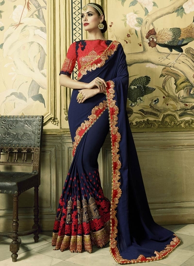 Navy blue and red georgette wedding wear saree