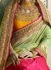 Pink and yellow silk crepe jacquard and art silk wedding wear saree