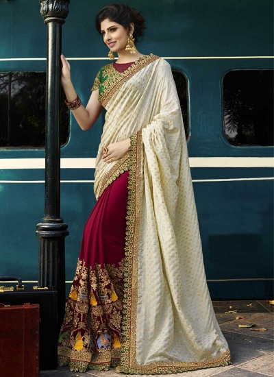 White and maroon viscose pure georgette and velvet wedding wear saree