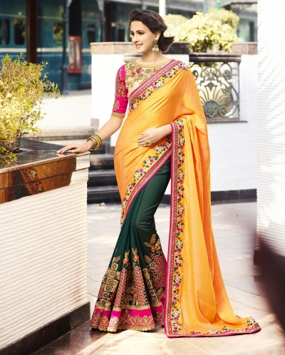 Yellow and bottle green crepe silk and georgette wedding wear saree