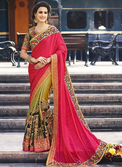 Pink and green bangalori silk crepe silk and velvet wedding wear saree