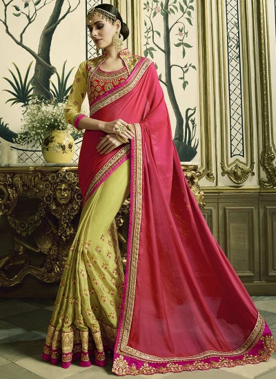 Pink and green silk crepe and satin georgette wedding wear saree